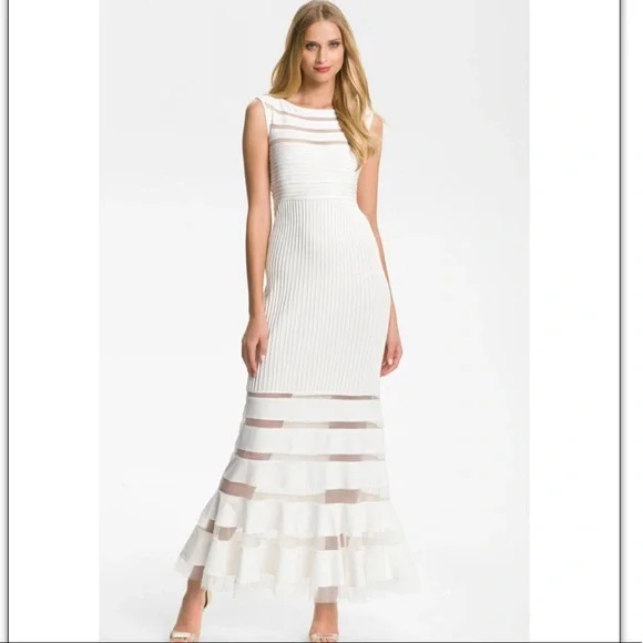 💕Host Pick💕 Tadashi Shoji Ivory Jersey Mesh Illusion Gown Dress Retail $650 - Picture 7 of 11